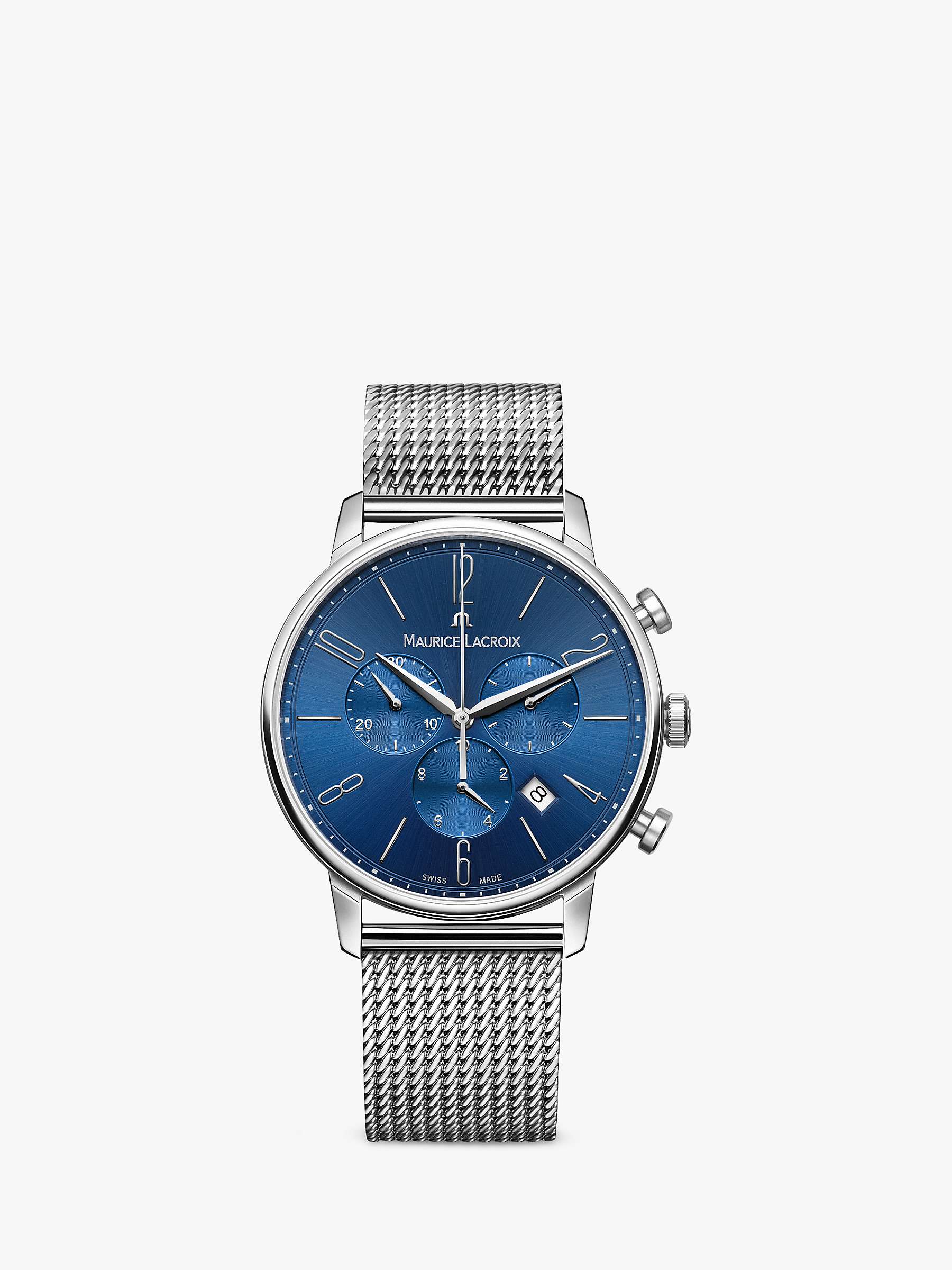 Buy Maurice Lacroix EL1098-SS006-420-1 Unisex Eliros Date Chronograph Mesh Strap Watch, Silver/Blue Online at johnlewis.com
