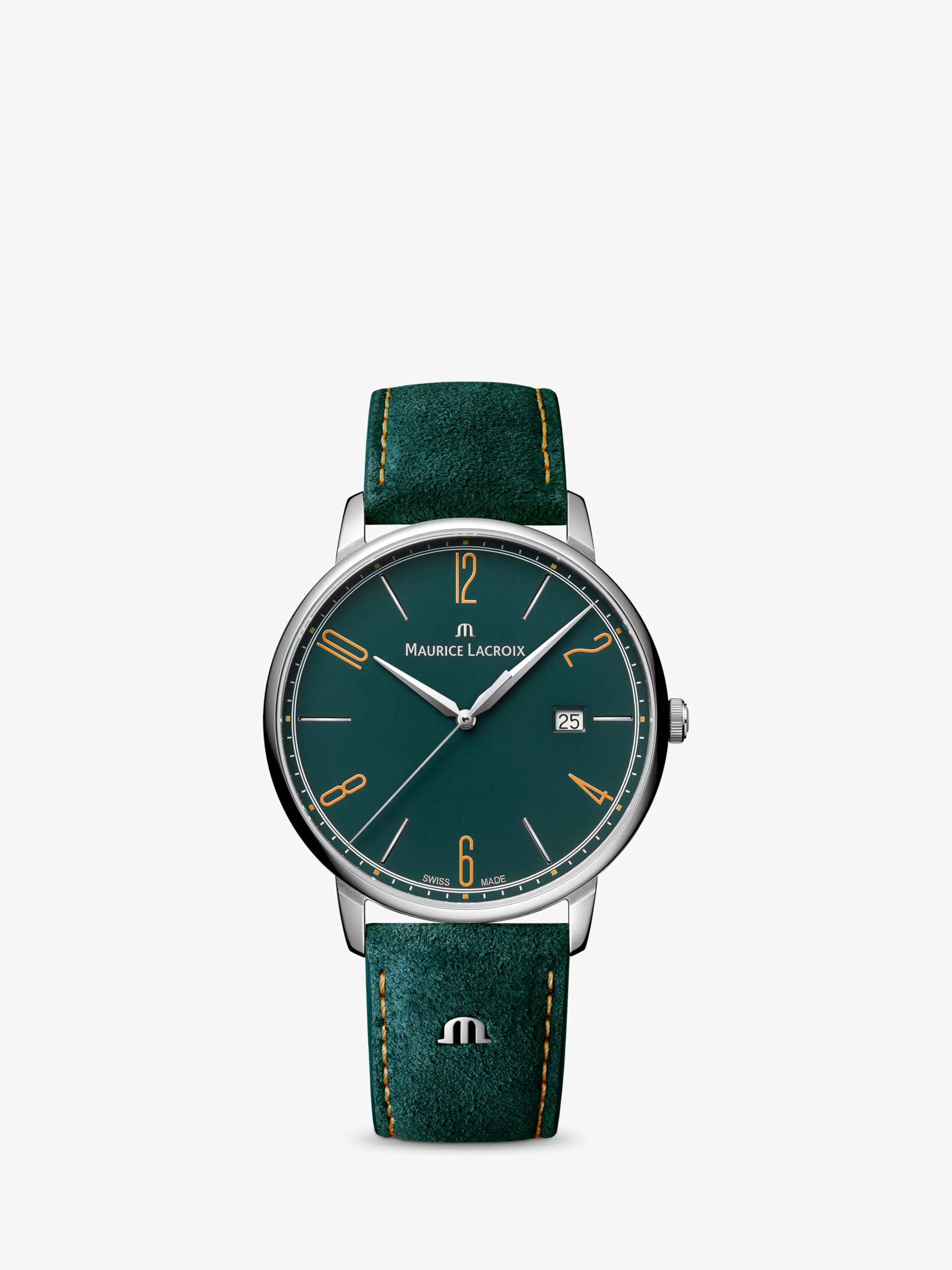EL1118-SS001-620-5 Date Unisex Eliros Maurice Green Strap Lacroix Watch, Suede