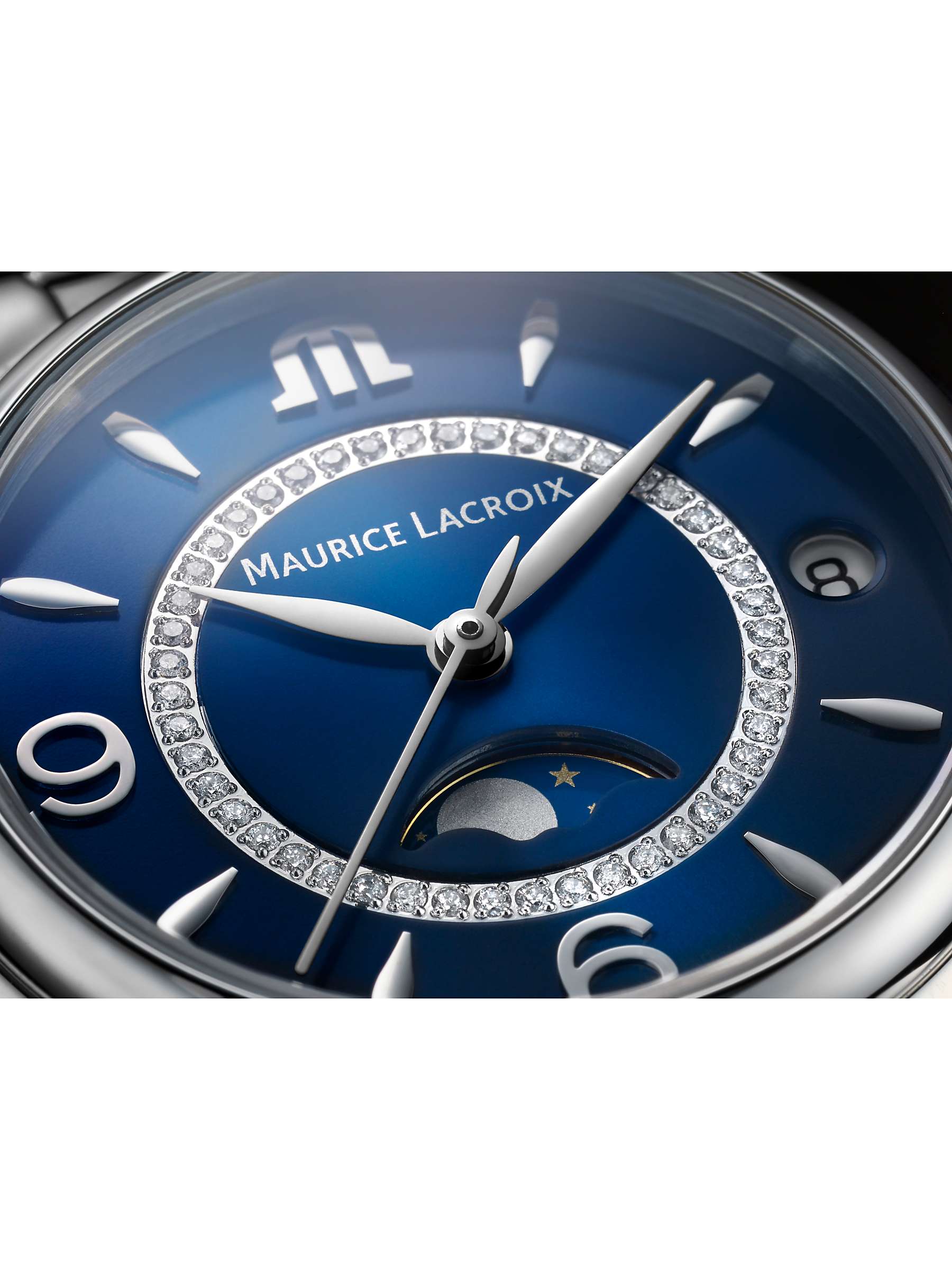 Buy Maurice Lacroix FA1084-SS002-420-1 Women's Fiaba Moonphase Diamond Date Bracelet Strap Watch, Silver/Blue Online at johnlewis.com