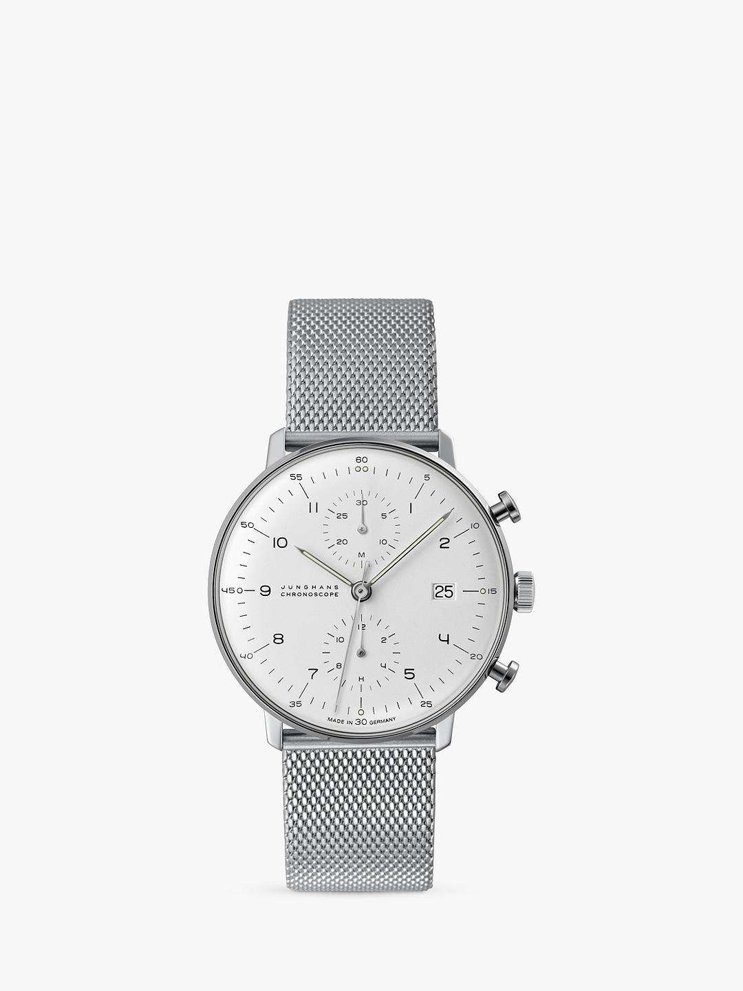 Junghans 27/4003.46 Unisex Max Bill Chronoscope Mesh Strap Watch, Silver/White