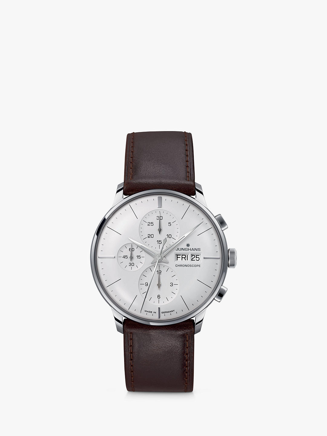 Junghans 27/4120.03 Unisex Meister Chronoscope Date Leather Strap Watch, Brown/White