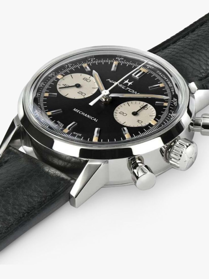 Hamilton H38429730 Men's American Classic Intra-Matic Chronograph H Leather Strap Watch, Black/Silver