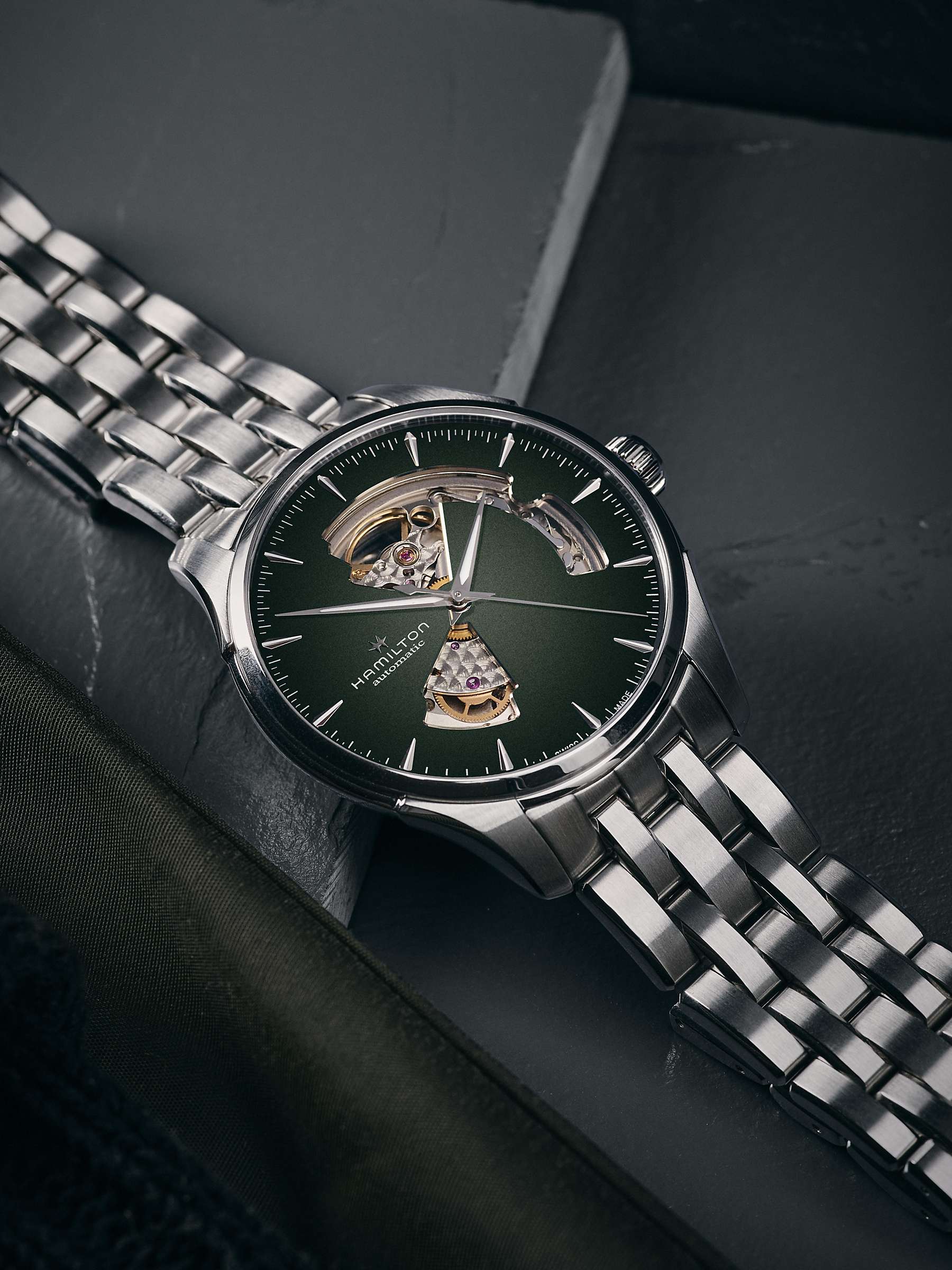 Buy Hamilton H32675160 Men's Jazz Master Automatic Heartbeat Bracelet Strap Watch, Silver/Green Online at johnlewis.com