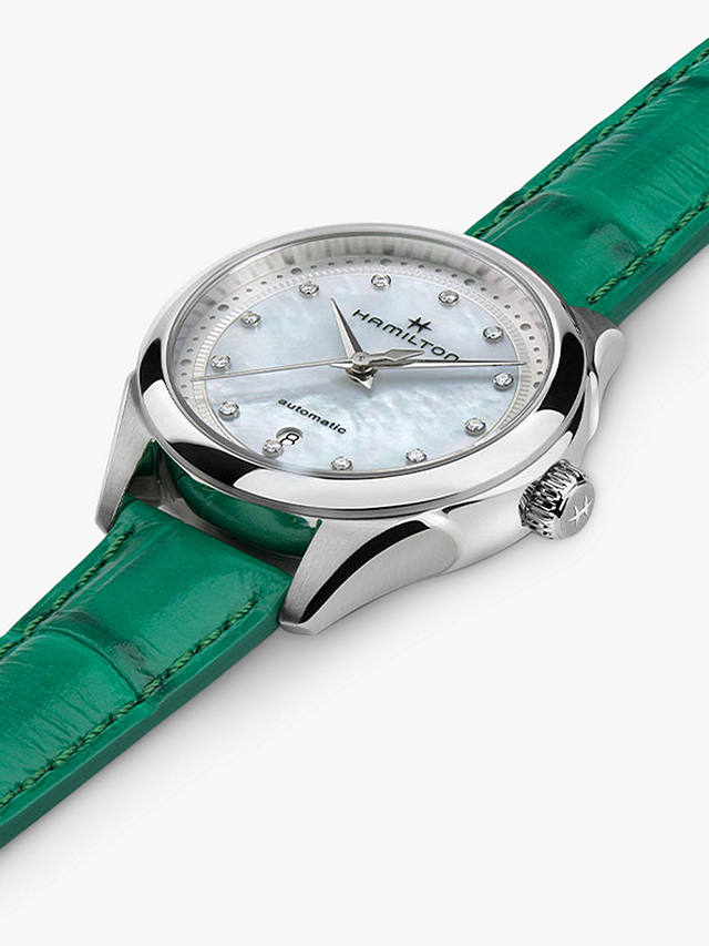 Hamilton H32275890 Women's Jazz Master Automatic Diamond Date Leather Strap Watch, Green/Mother of Pearl