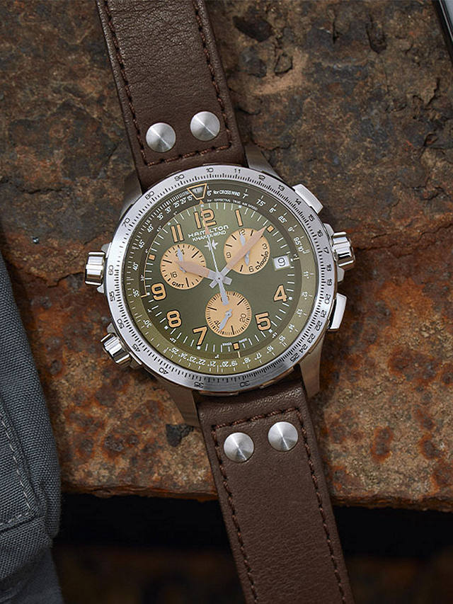 Hamilton H77932560 Men's Khaki Aviation Chronograph Date Leather Strap Watch, Brown/Green