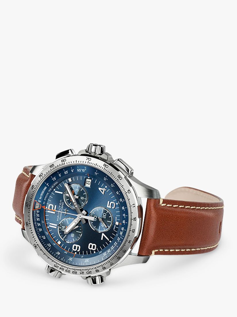 Hamilton H77922541 Men's Khaki Aviation X-Wind GMT Chronograph Date Leather Strap Watch, Brown/Blue
