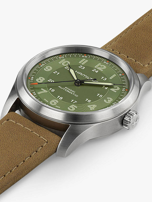 Hamilton H70205860 Men's Khaki Field Titanium Automatic Leather Strap Watch, Brown/Green