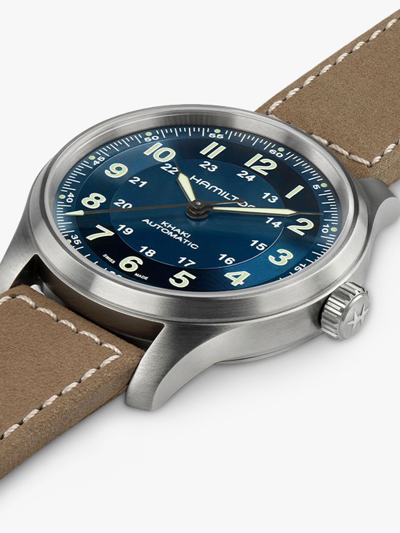 Buy Hamilton H70545540 Men's Khaki Field Titanium Automatic Leather Strap Watch, Beige/Blue Online at johnlewis.com
