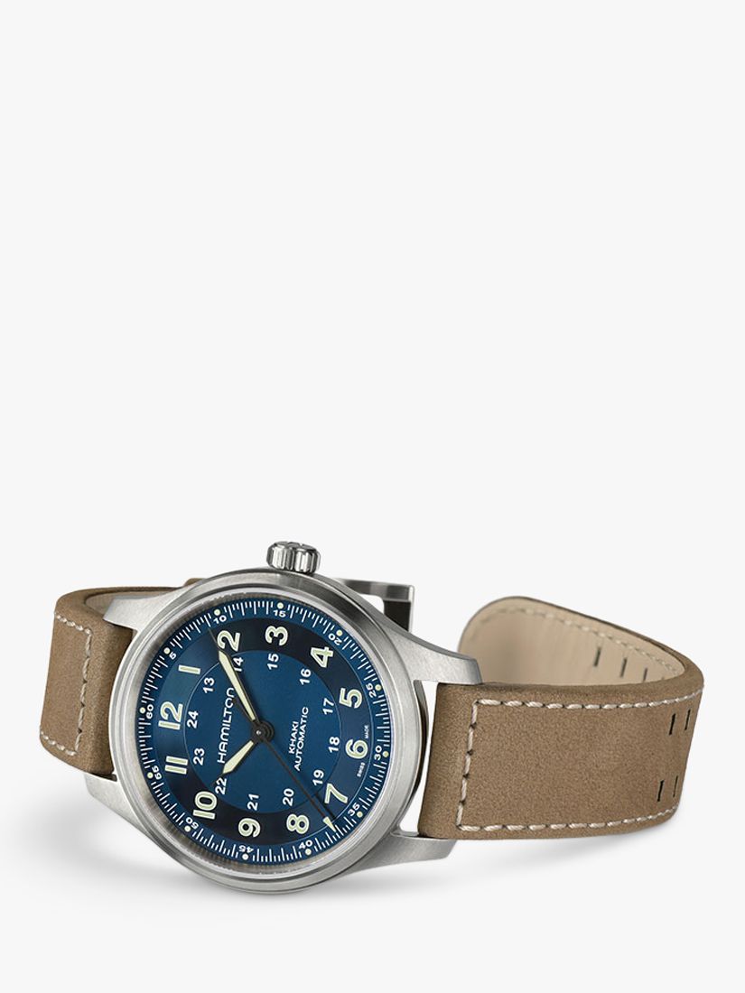 Buy Hamilton H70545540 Men's Khaki Field Titanium Automatic Leather Strap Watch, Beige/Blue Online at johnlewis.com
