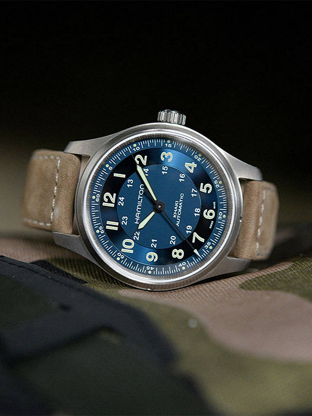 Hamilton H70545540 Men's Khaki Field Titanium Automatic Leather Strap Watch, Beige/Blue