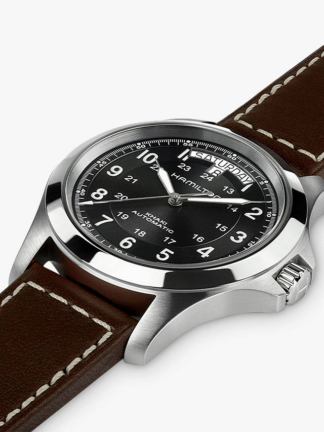 Hamilton H64455533 Men's Khaki Field King Automatic Day Date Leather Strap Watch, Brown/Black