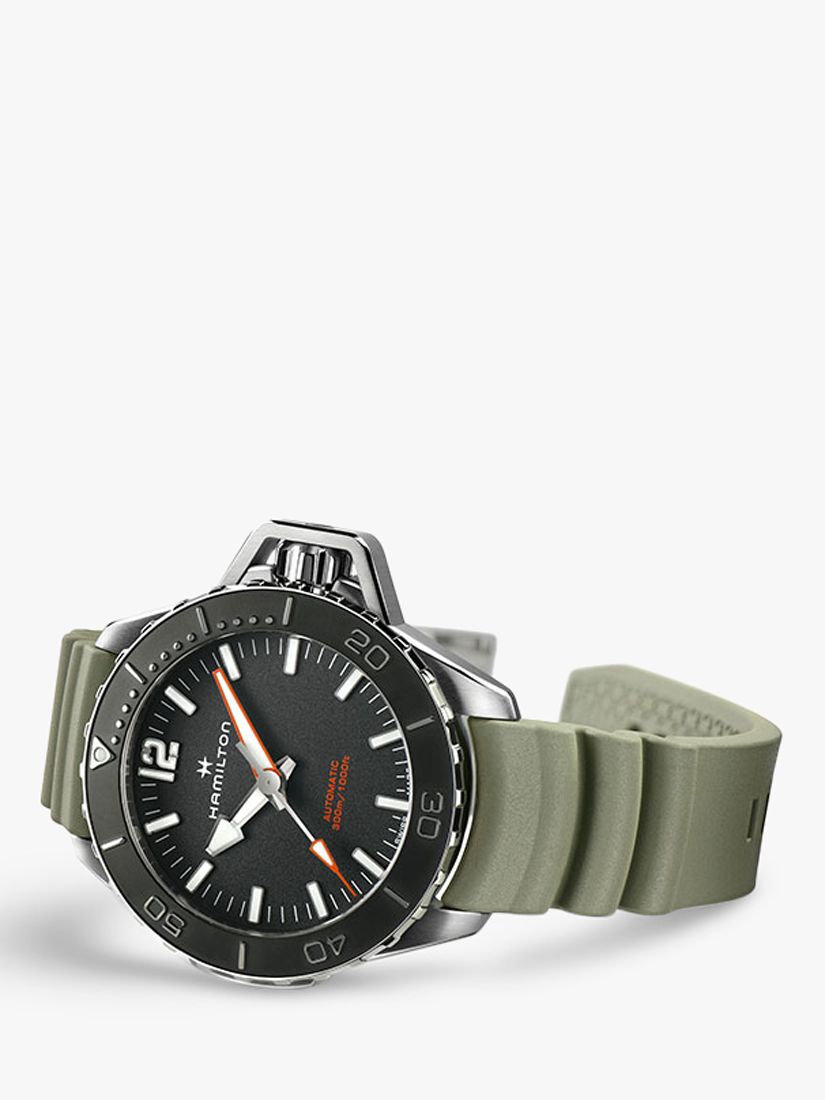 Hamilton H77825331 Men's Khaki Navy Frogman Automatic Rubber Strap Watch, Green/Black