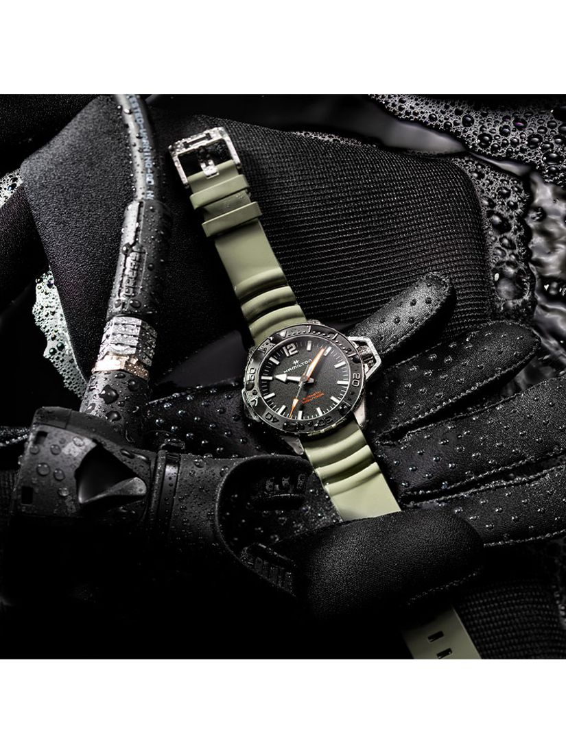 Hamilton H77825331 Men's Khaki Navy Frogman Automatic Rubber Strap Watch, Green/Black