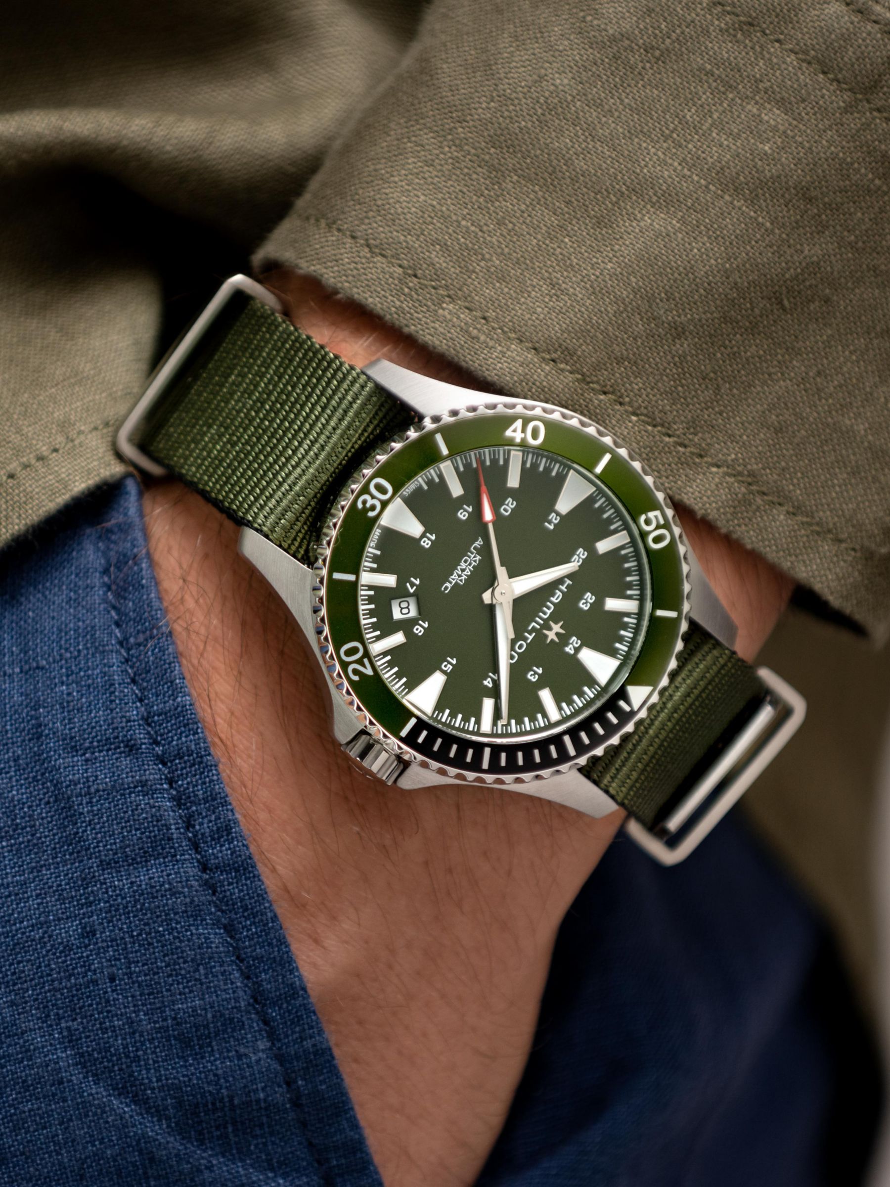 Buy Hamilton H82375961 Men's Khaki Scuba Automatic Date Bracelet Strap Watch, Green Online at johnlewis.com