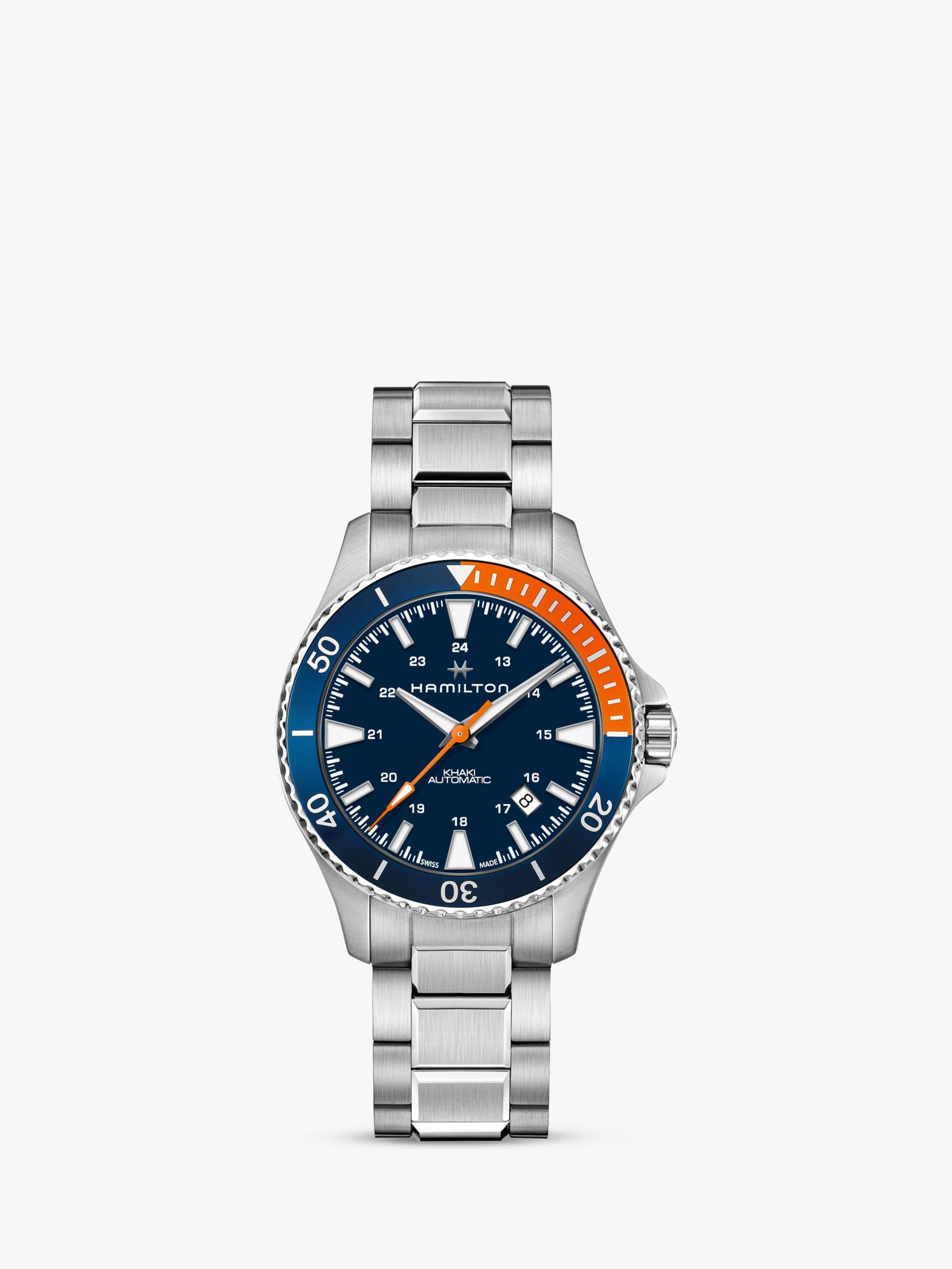 Hamilton H82365141 Men's Khaki Scuba Automatic Date Bracelet Strap Watch, Silver/Blue