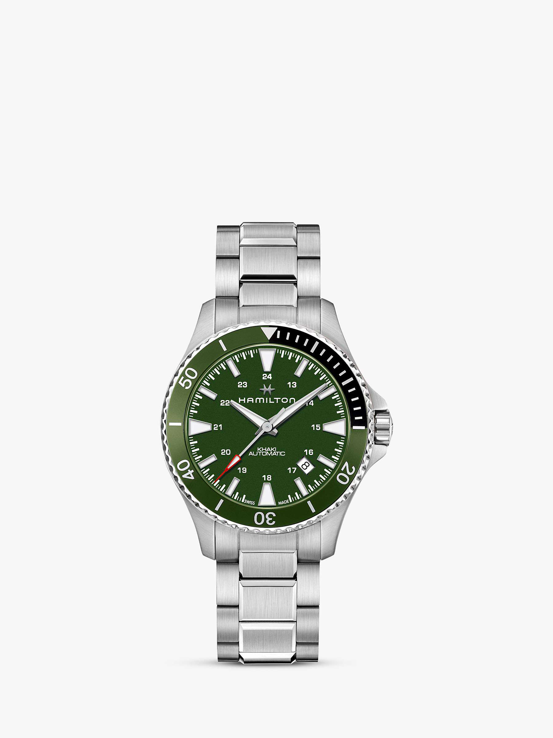 Buy Hamilton H82375161 Men's Khaki Navy Scuba Date Automatic Bracelet Strap Watch, Silver/Green Online at johnlewis.com