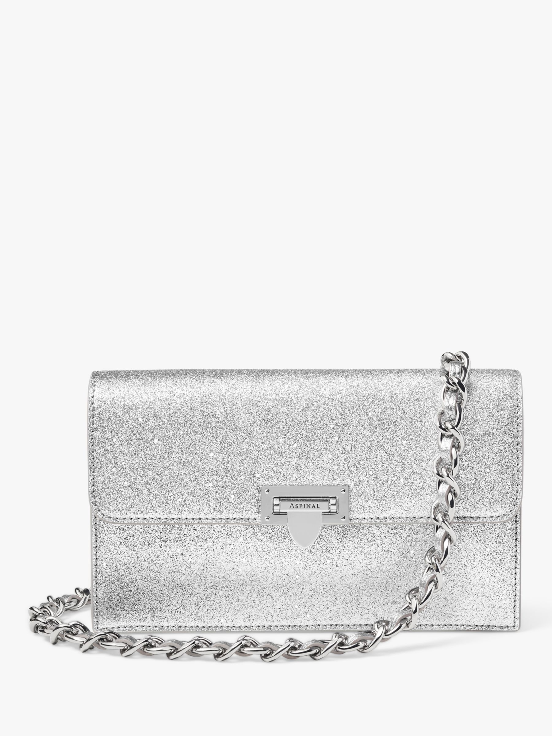 Aspinal of London Lottie Leather Glitter Clutch Bag, Silver