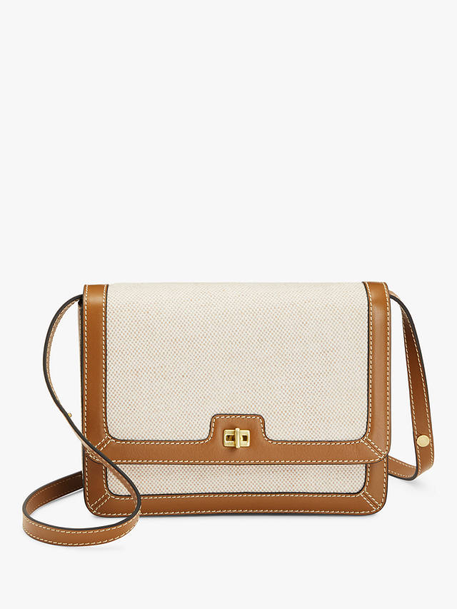John Lewis Canvas & Leather Flap Over Cross Body Bag, Neutral Canvas