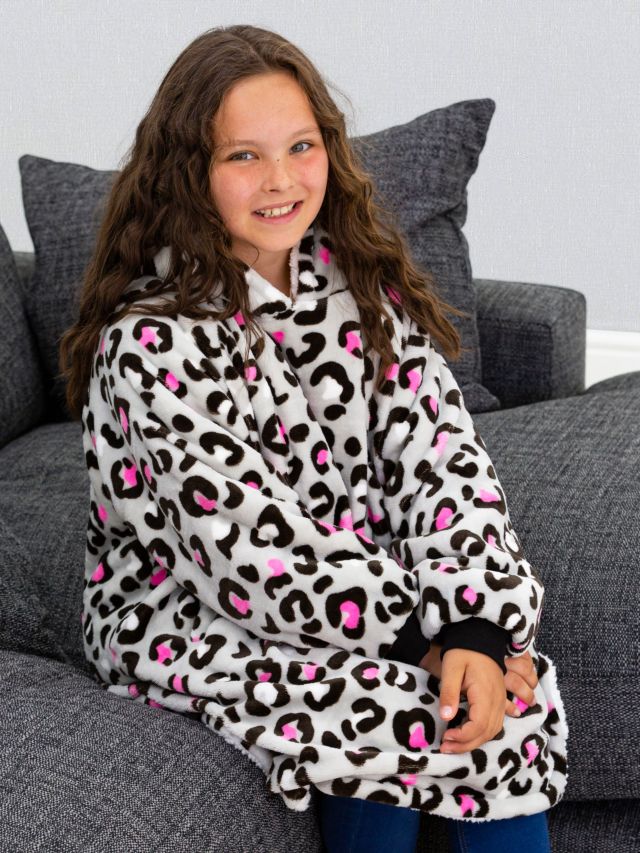 Rest Easy Sleep Better Hugzee Oversized Fleece Hooded Blanket, Leopard