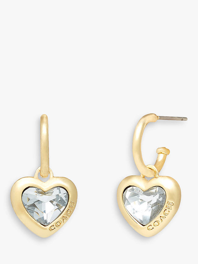 Coach Crystal Heart Logo Drop Huggie Hoop Earrings, Gold/Clear