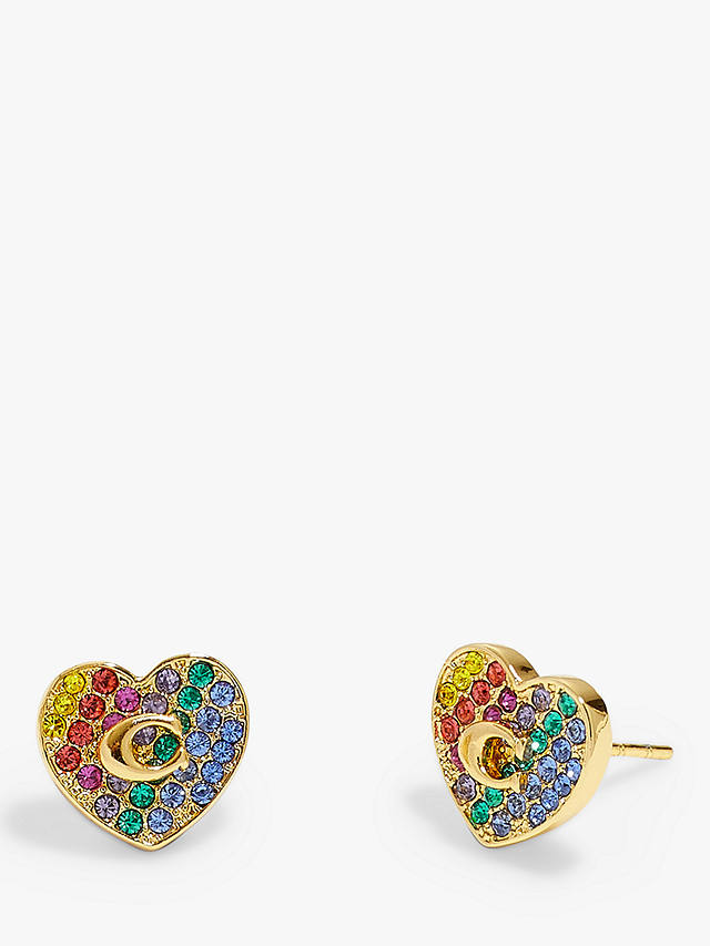 Coach Signature C & Pave Crystal Heart Stud Earrings, Gold/Multi