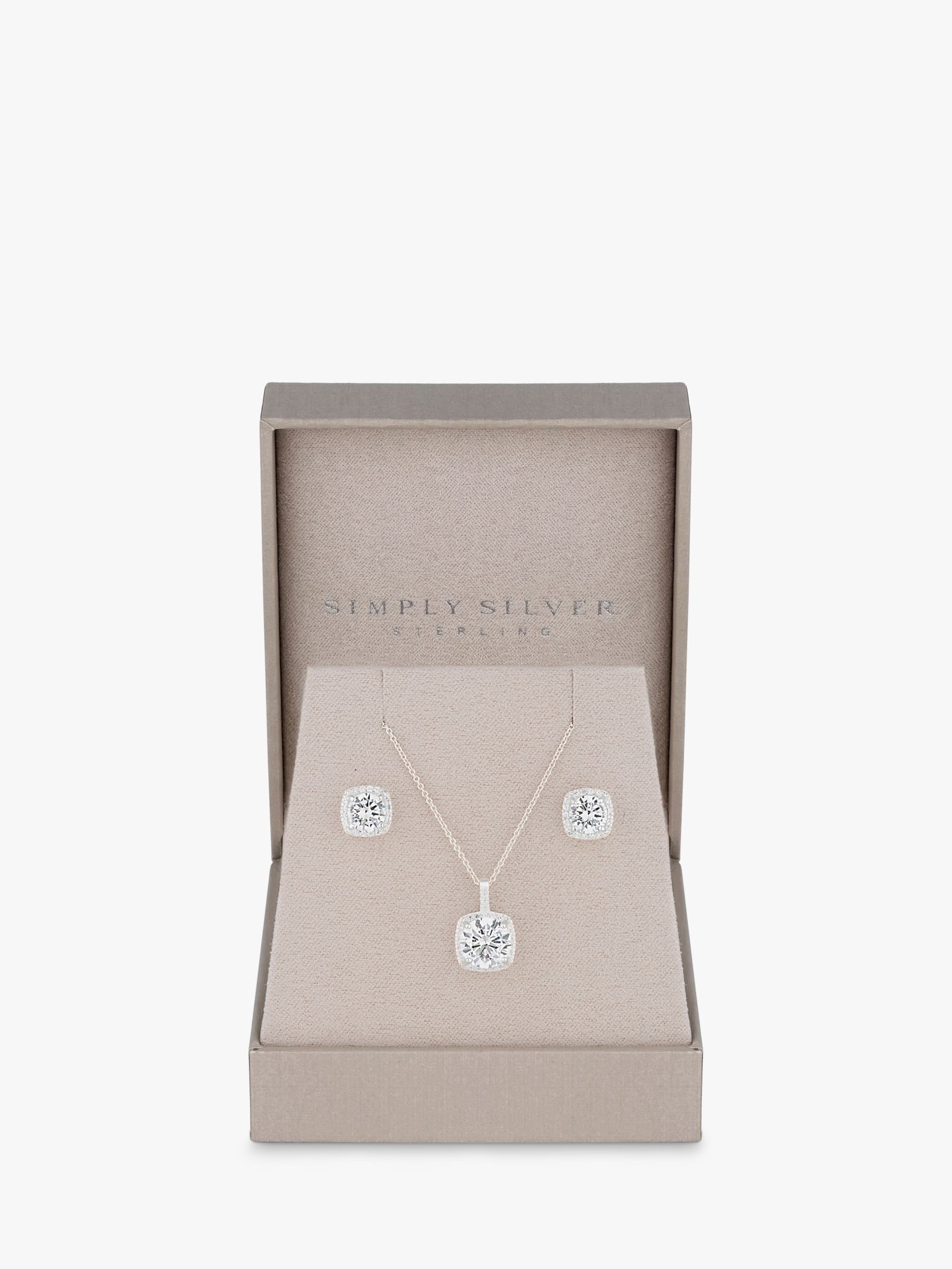 Buy Simply Silver Halo Square Cubic Zirconia Pendant Necklace & Stud Earrings Jewellery Set, Silver Online at johnlewis.com