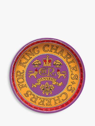 Emma Bridgewater '3 Cheers For King Charles' Coronation Round Steel Tray, 30cm, Purple/Gold