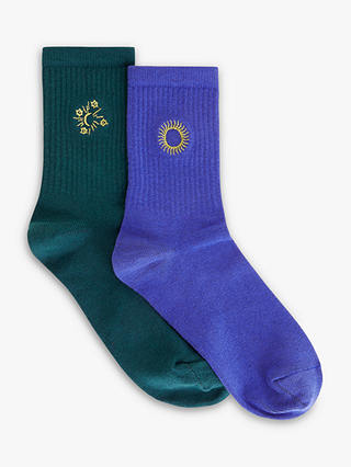 AND/OR Sun and Moon Organic Cotton Ribbed Ankle Socks, Pack of 2, Blue/Teal
