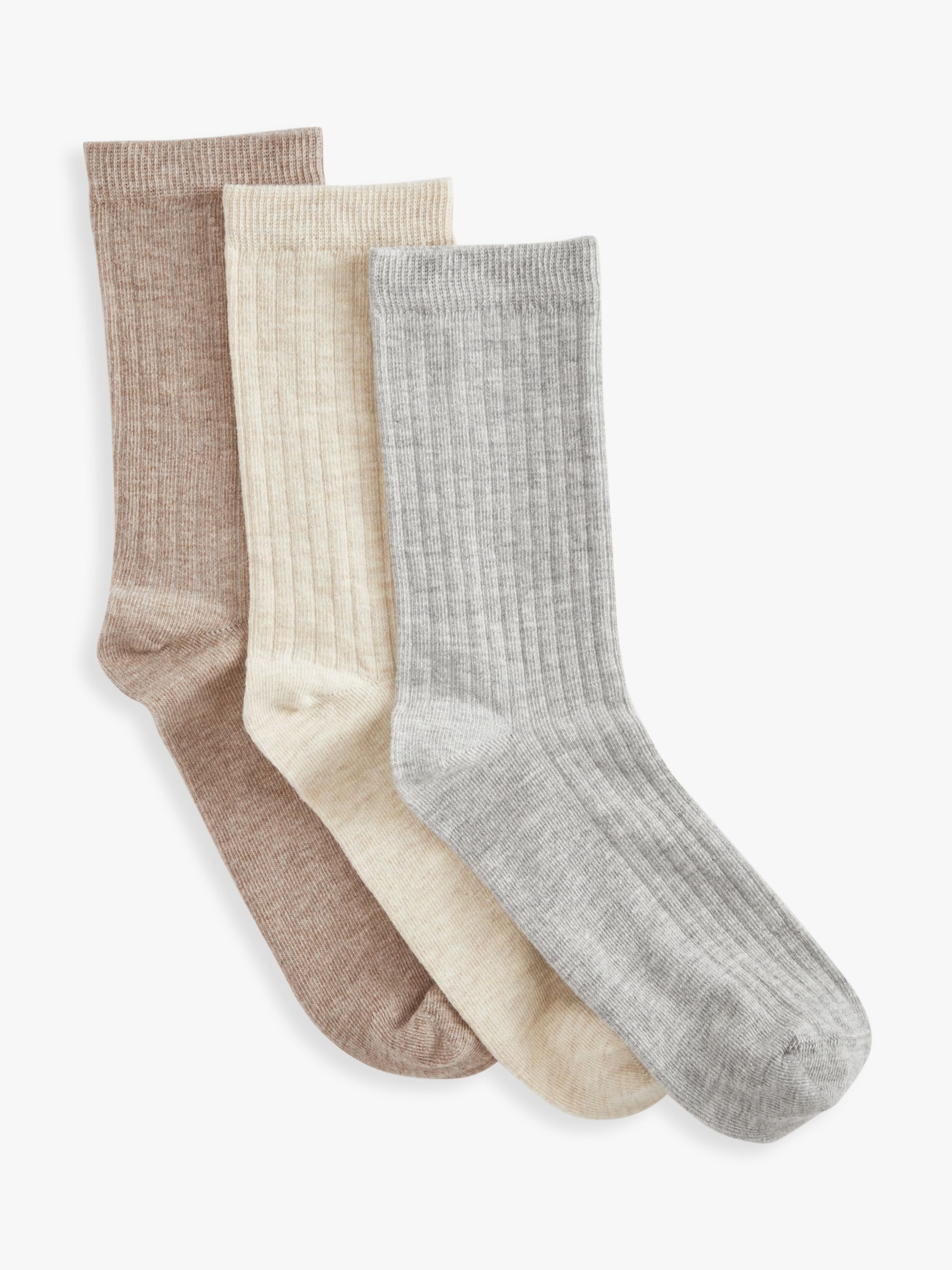 John Lewis Ribbed Organic Cotton Ankle Socks, Pack of 3, Neutrals