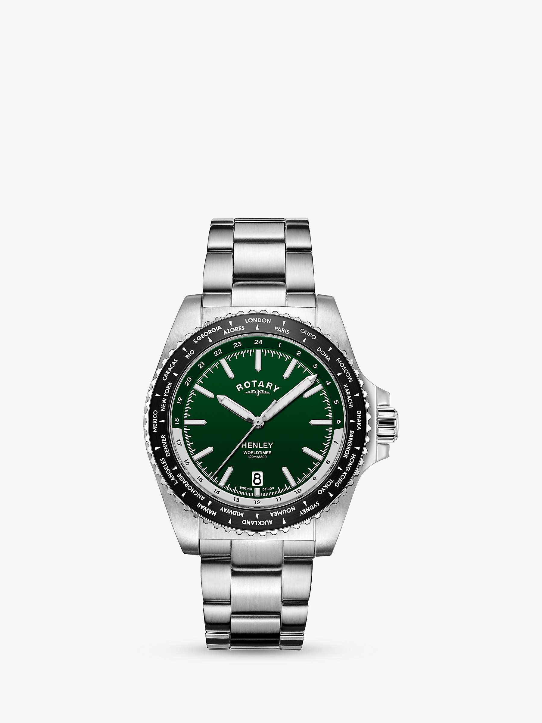Rotary Men's Henley Worldtimer Bracelet Strap Watch, Silver/Green ...