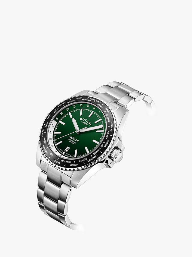 Rotary Men's Henley Worldtimer Bracelet Strap Watch, Silver/Green GB05370/78
