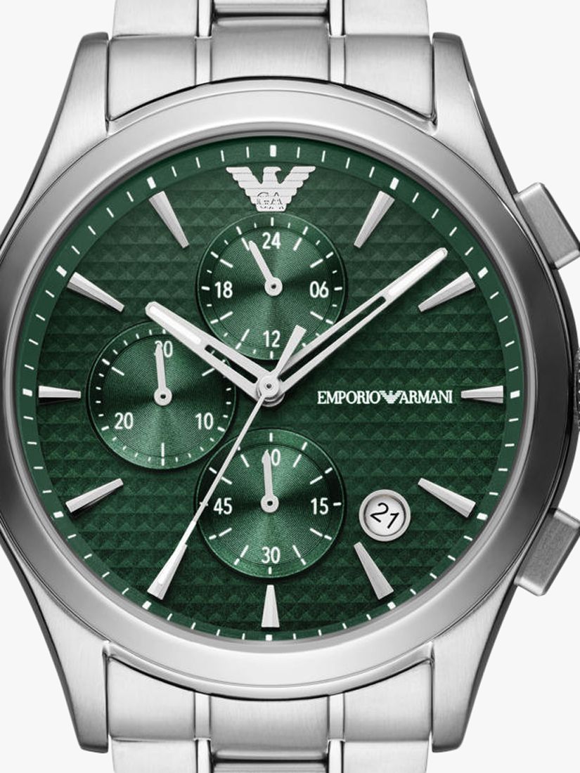 Emporio Armani Men\'s Chronograph Textured Dial Bracelet Strap Watch,  Silver/Green at John Lewis & Partners