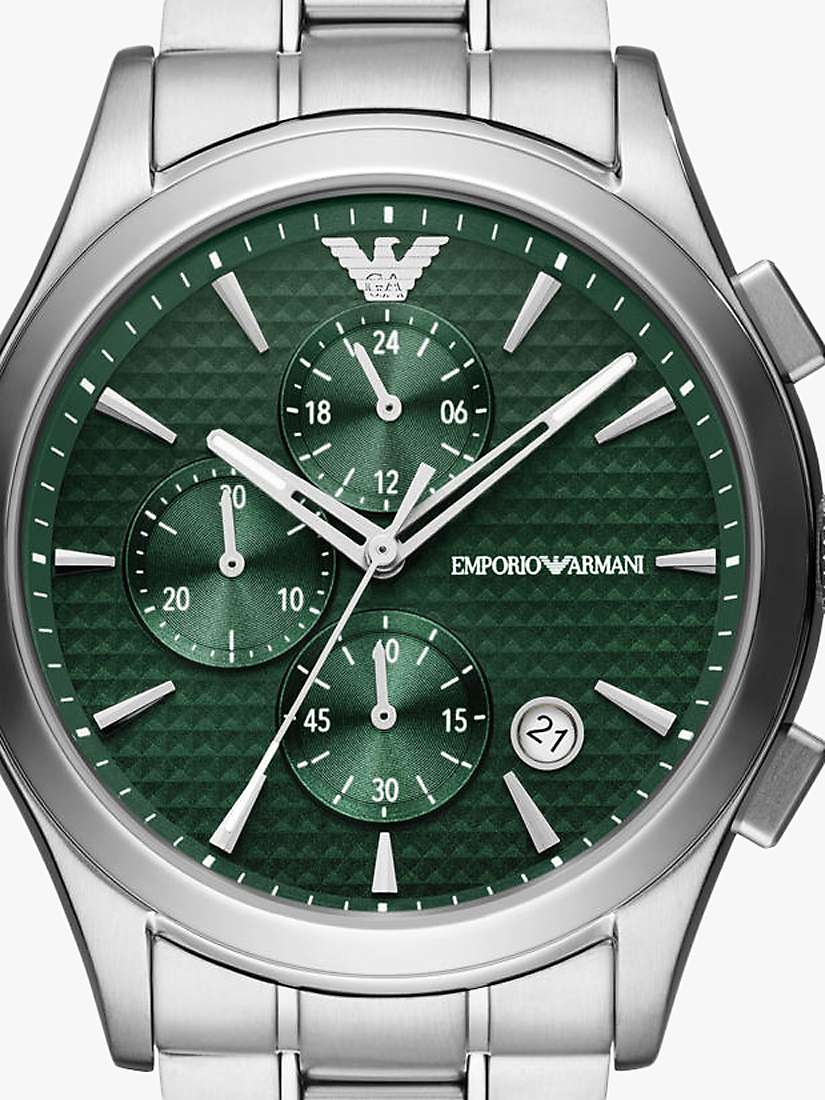 Emporio Armani Men's Chronograph Textured Dial Bracelet Strap Watch,  Silver/Green at John Lewis & Partners