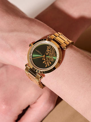 Olivia Burton Women's T-Bar Floral Bracelet Strap Watch, Gold/Green