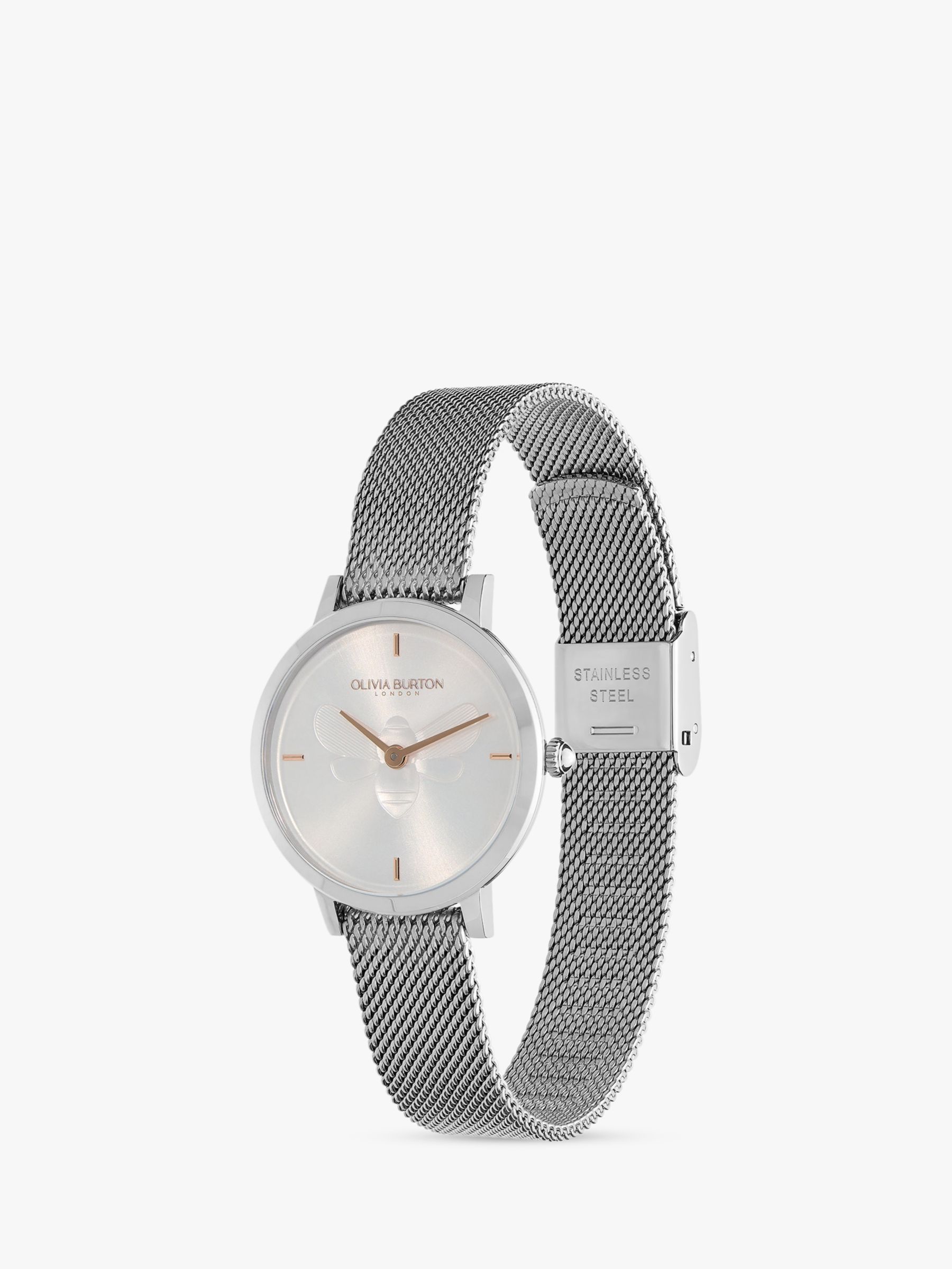 Olivia Burton Women's Slim Bees Mesh Strap Watch, Silver at John Lewis ...