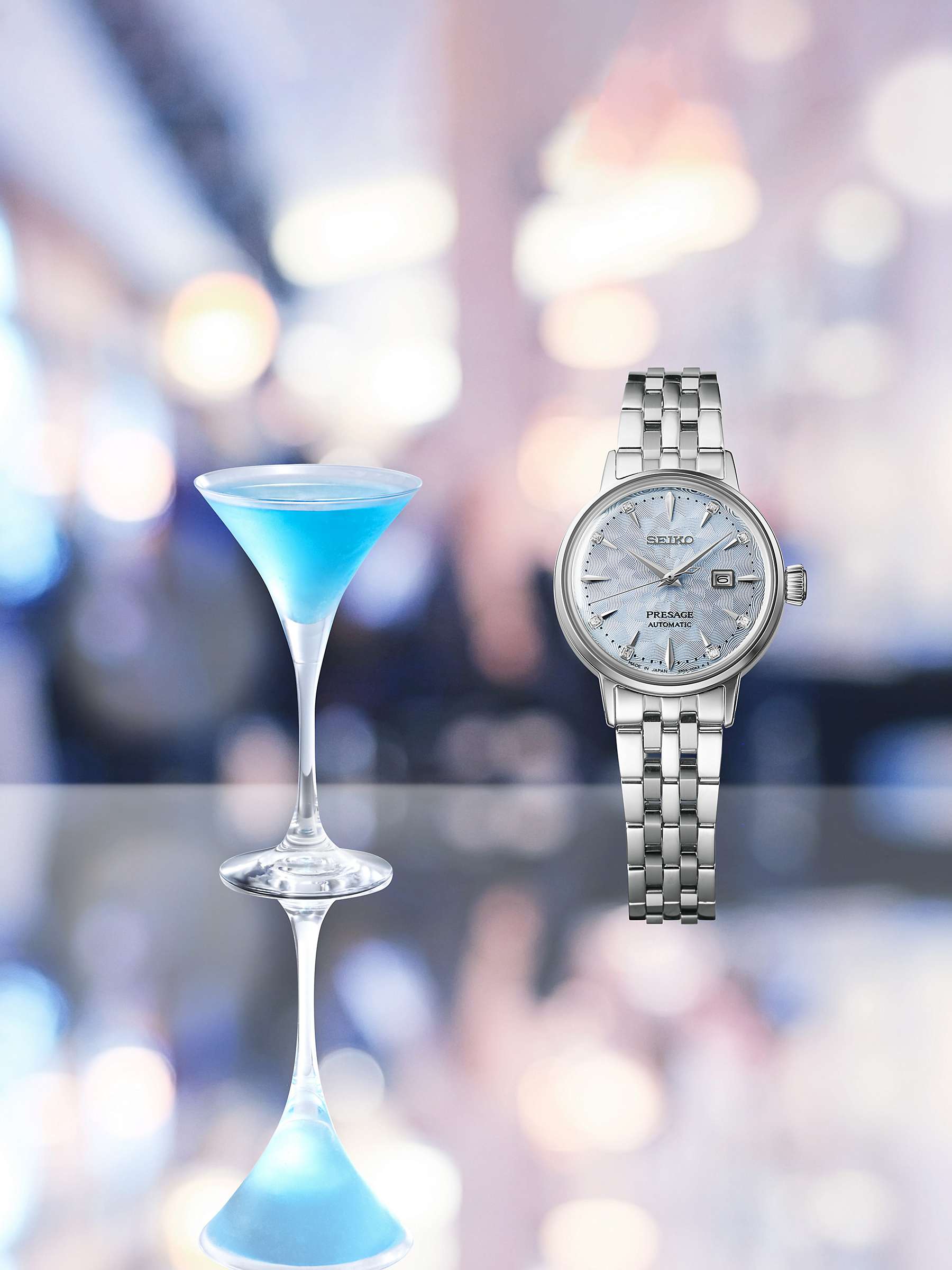 Buy Seiko SRE007J1 Women's Presage Cocktail Time Skydiving Diamond Twist Automatic Bracelet Strap Watch, Silver/Blue Online at johnlewis.com