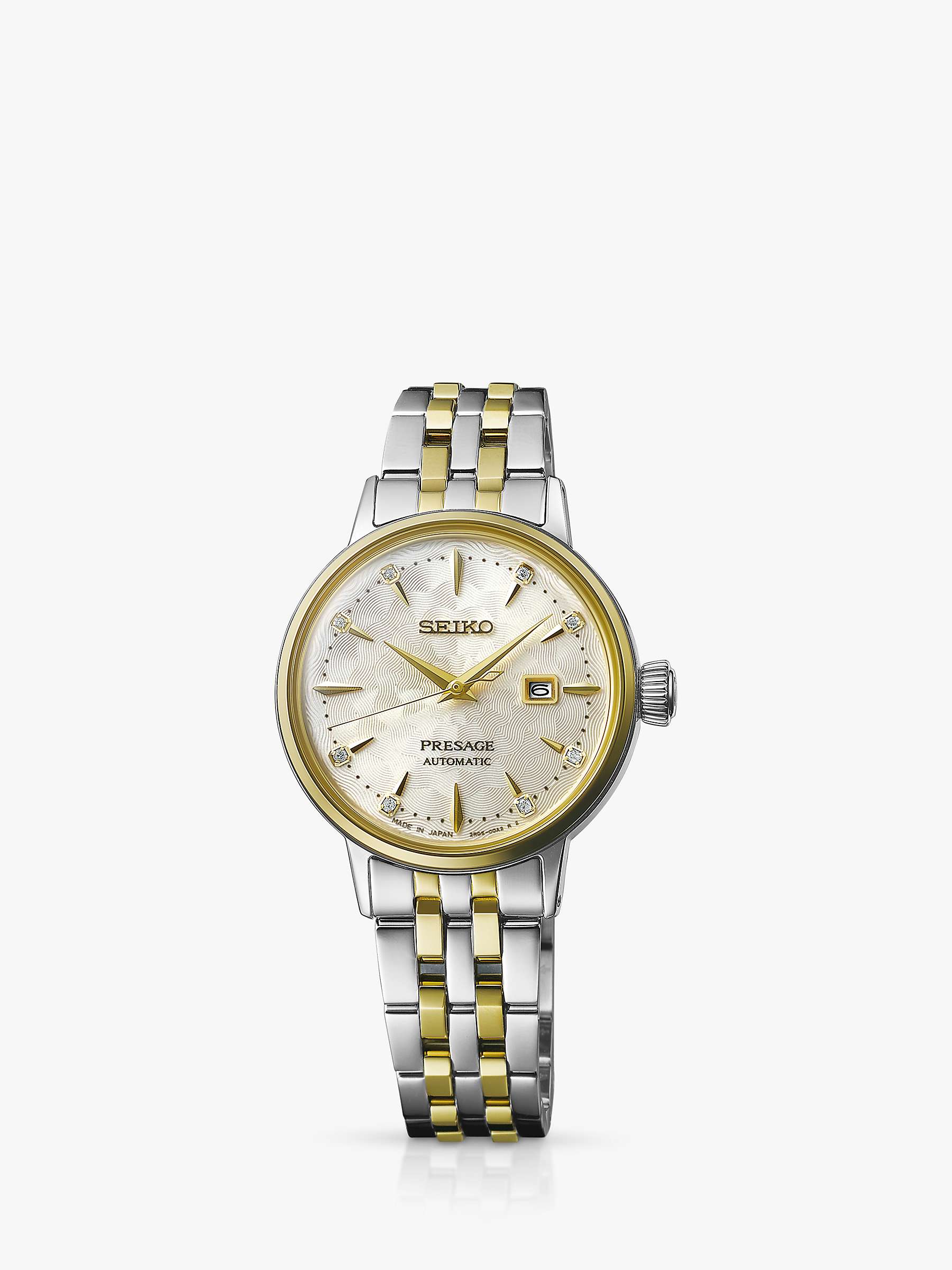 Buy Seiko SRE010J1 Women's Presage Cocktail Time Collection Diamond Date Bracelet Strap Watch, Silver/Gold Online at johnlewis.com