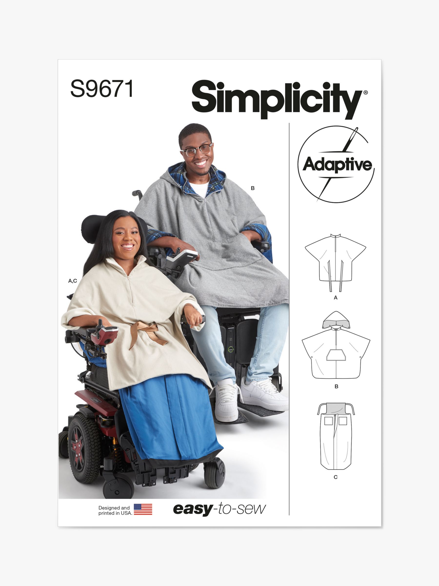 Simplicity Unisex Poncho with Detachable Hood and Wheelchair Blanket Sewing Pattern, S9671A