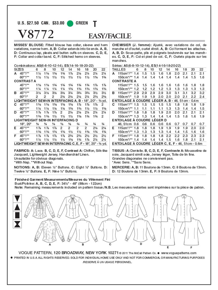 Vogue Misses' Blouses Sewing Pattern, V8772A5