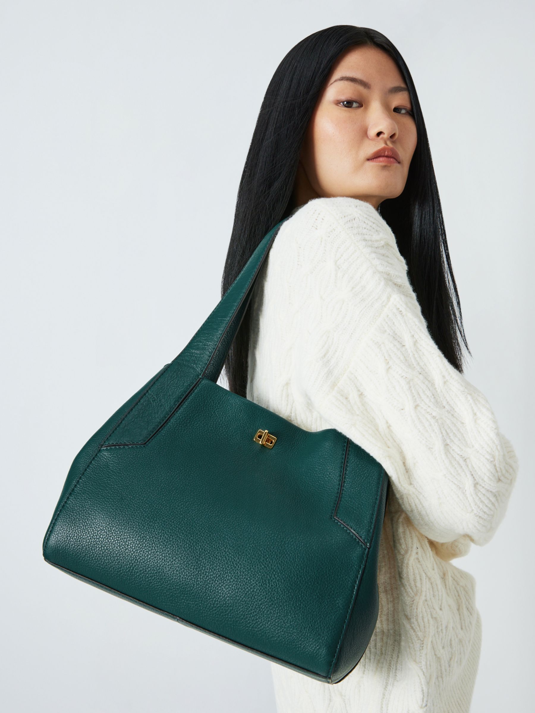 John Lewis Leather Medium Triple Compartment Shoulder Bag, Green at ...