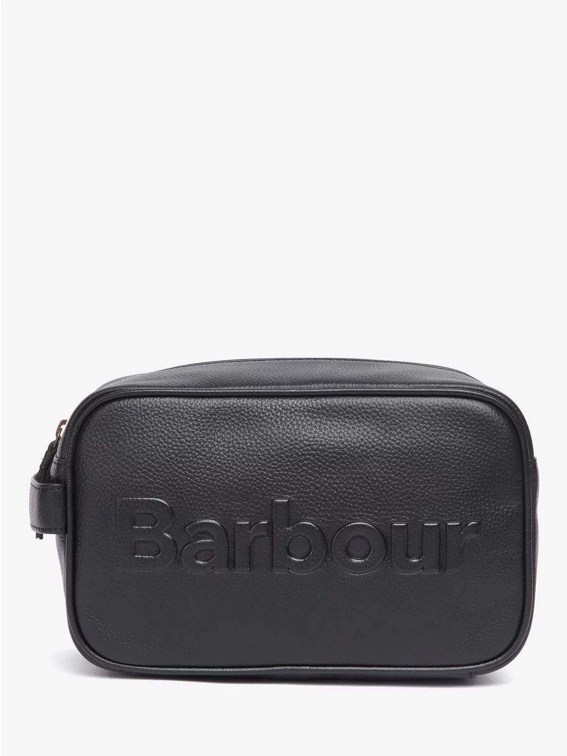 Black leather Barbour debossed logo bathroom bag
