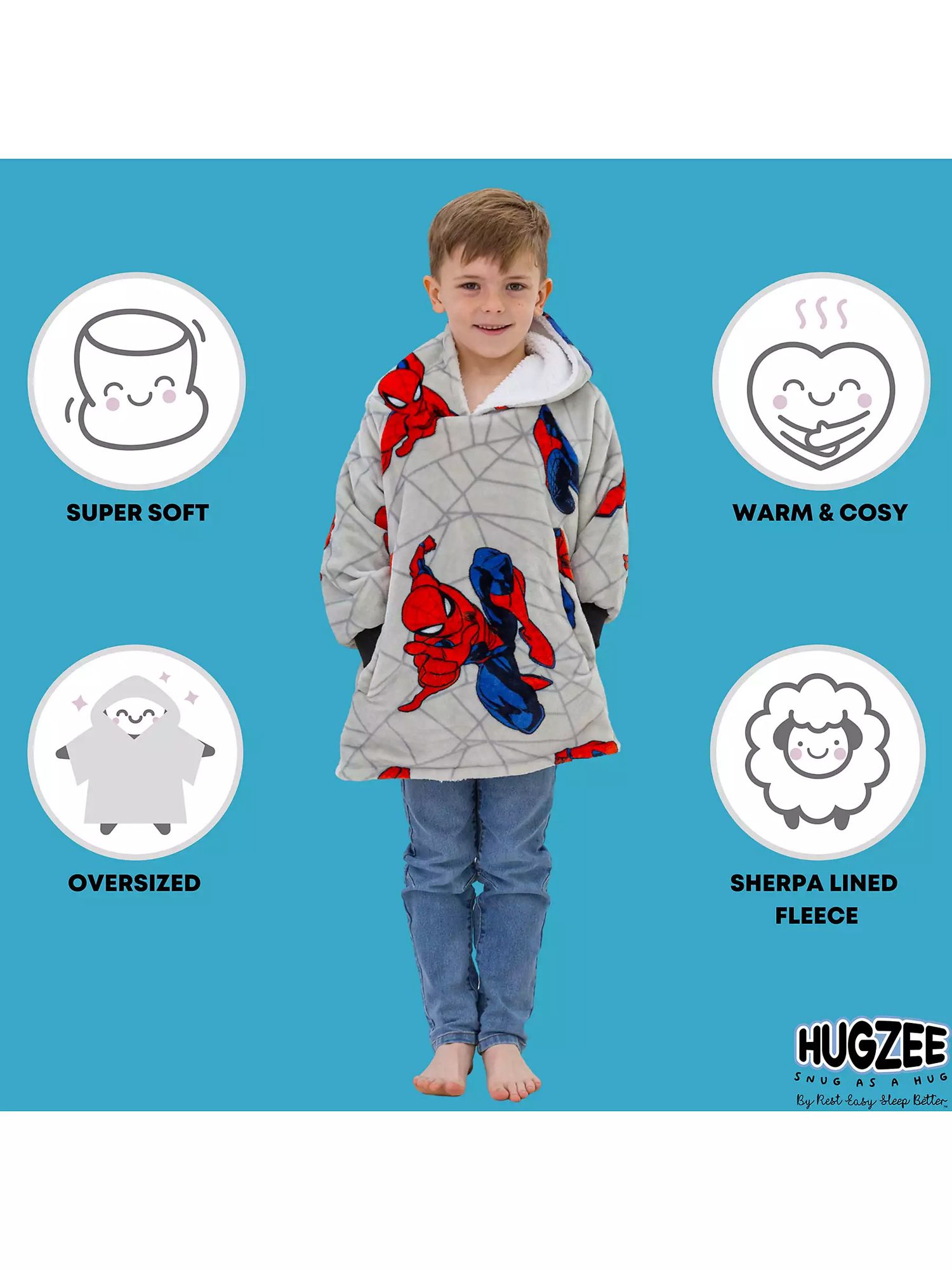 Spiderman Hugzee Oversized Fleece Hooded Blanket, Grey/Blue/Red, 7-12 years
