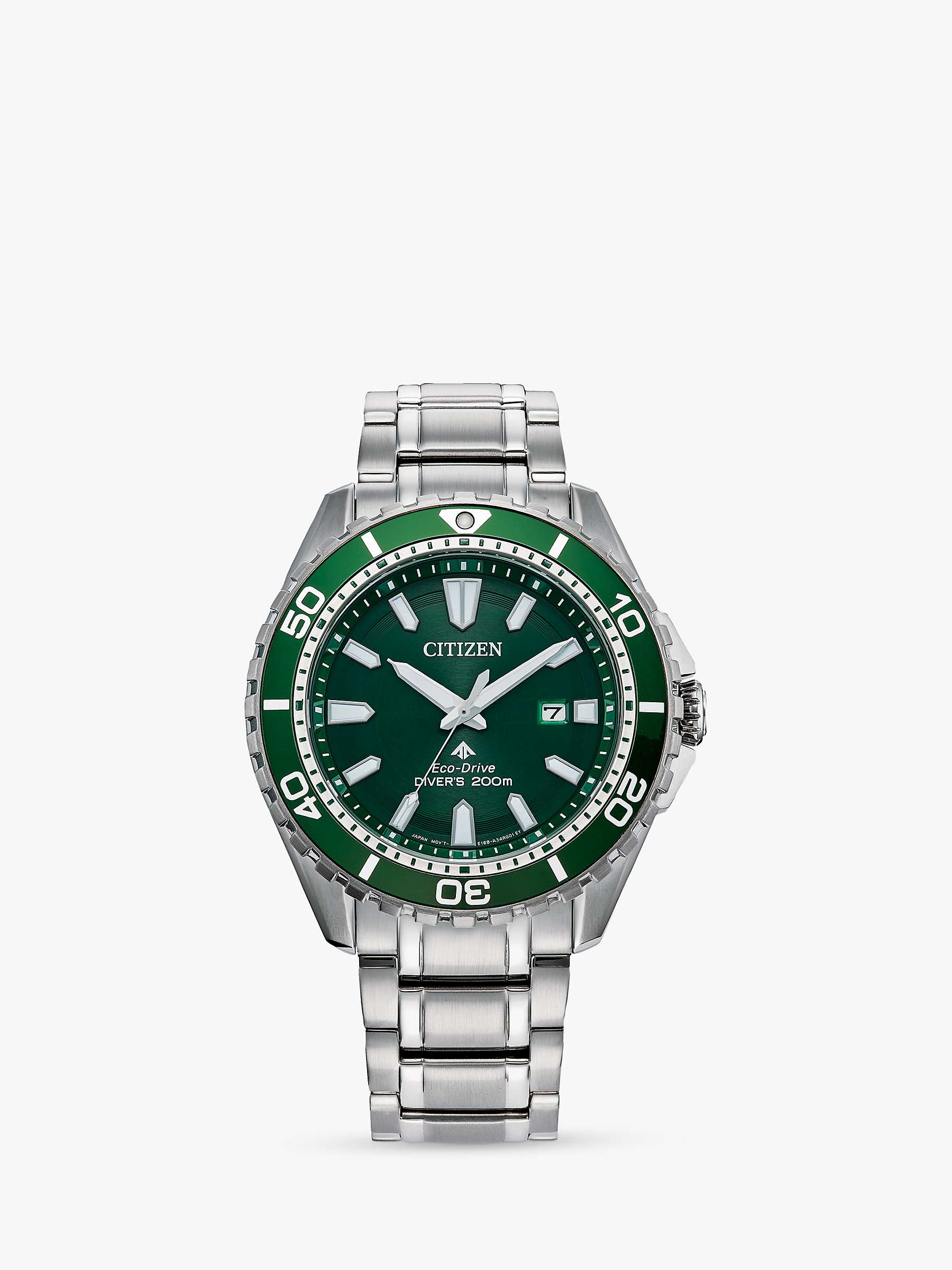 Buy Citizen BN0199-53X Men's Promaster Eco-Drive Date Diving Bracelet Strap Watch, Silver/Green Online at johnlewis.com