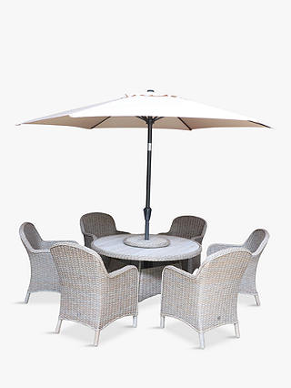 LG Outdoor Bergen 6-Seat Round Garden Dining Table & Armchairs Set with Parasol, Brown