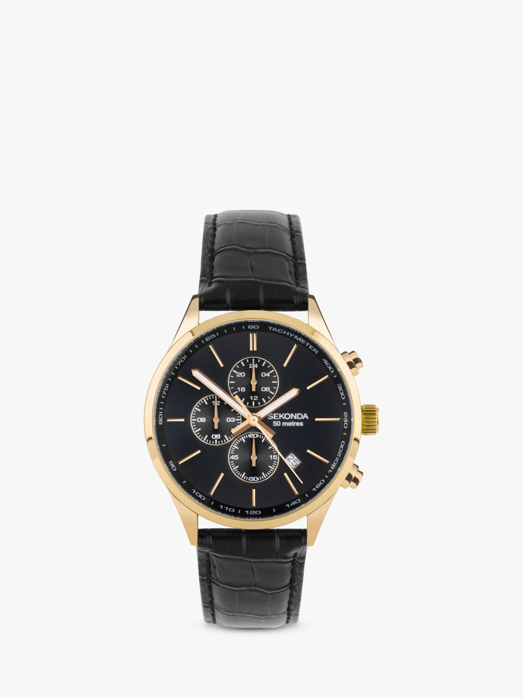 Sekonda 30107 Men's Chronograph Leather Strap Watch, Black/Gold at John ...