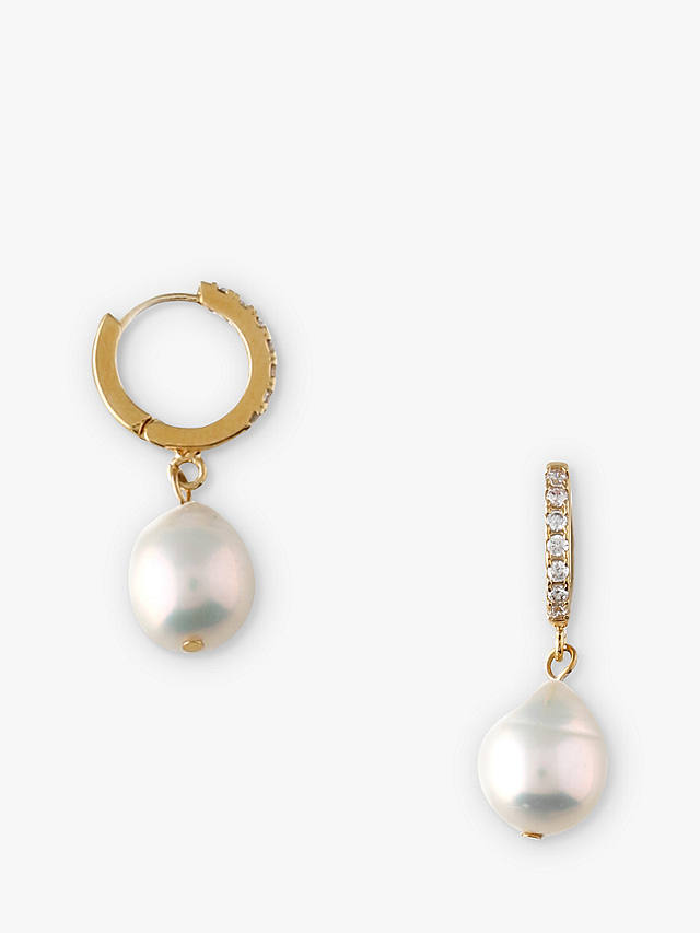 Orelia Pearl Drop Pave Huggie Hoop Earrings, Pale Gold