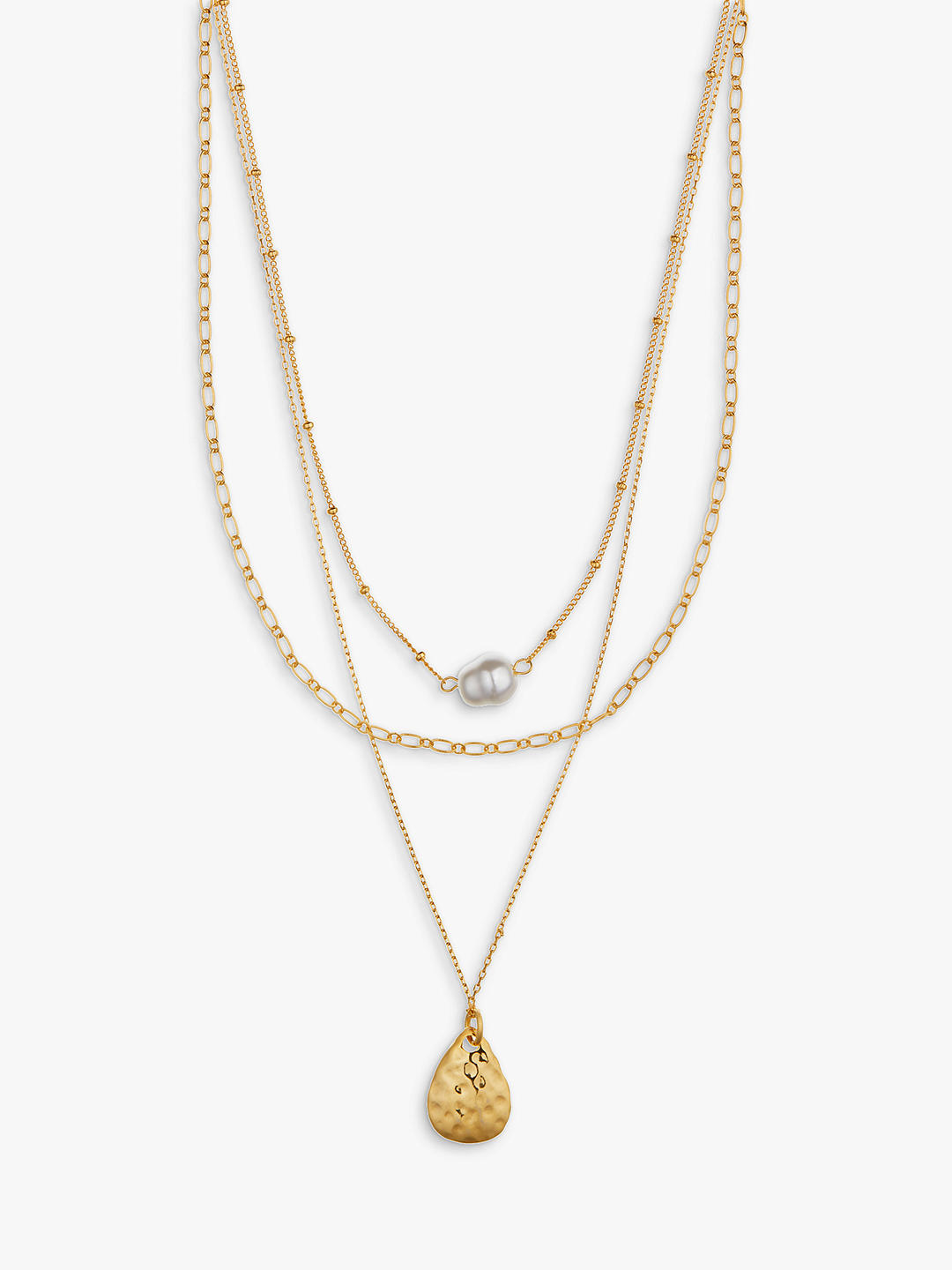 Orelia Pearl and Molten Teardrop Three Row Necklace, Gold