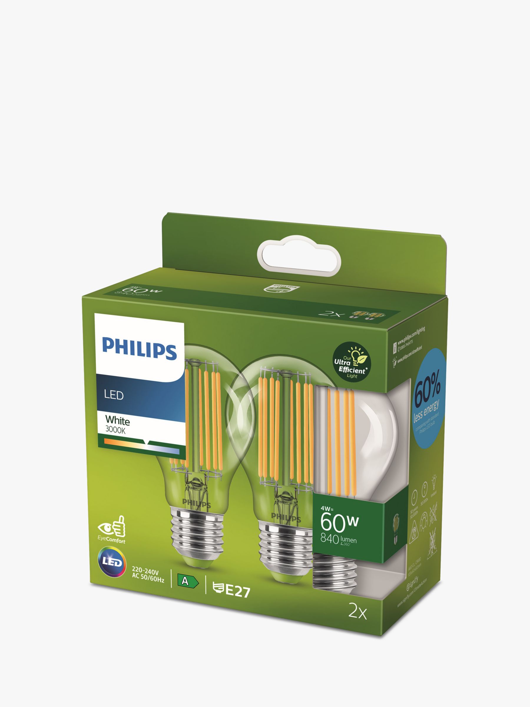 Philips Ultra Efficient 4W E27 LED Classic Bulb, Pack of 2, Warm