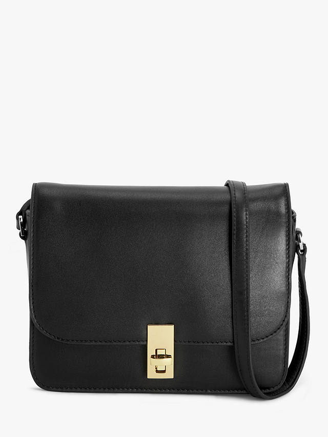John Lewis Smooth Leather Flapover Cross Body Bag, Blk Leather