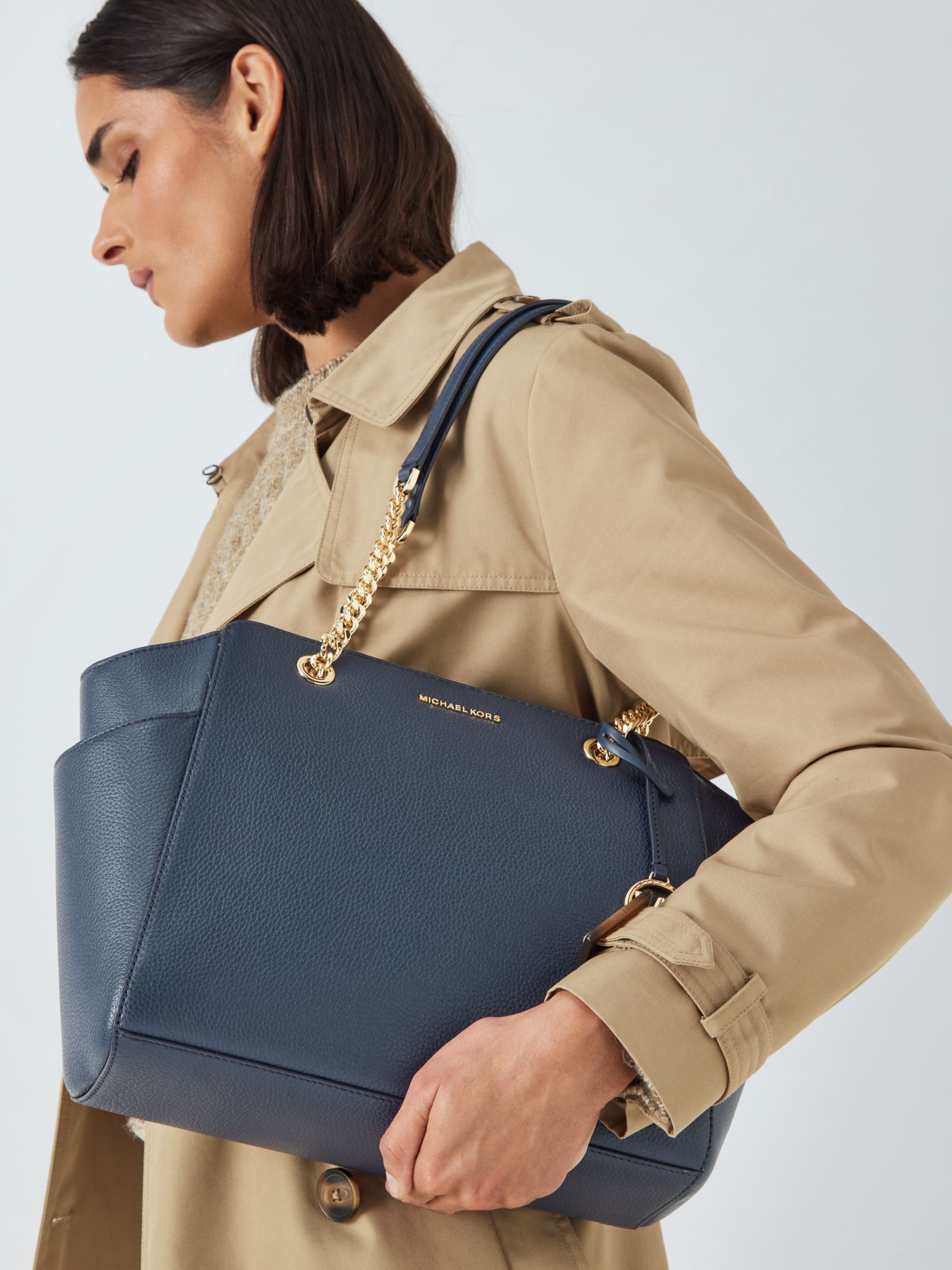 Michael Kors Jacquelyn Leather Shoulder Bag, Navy at John Lewis & Partners